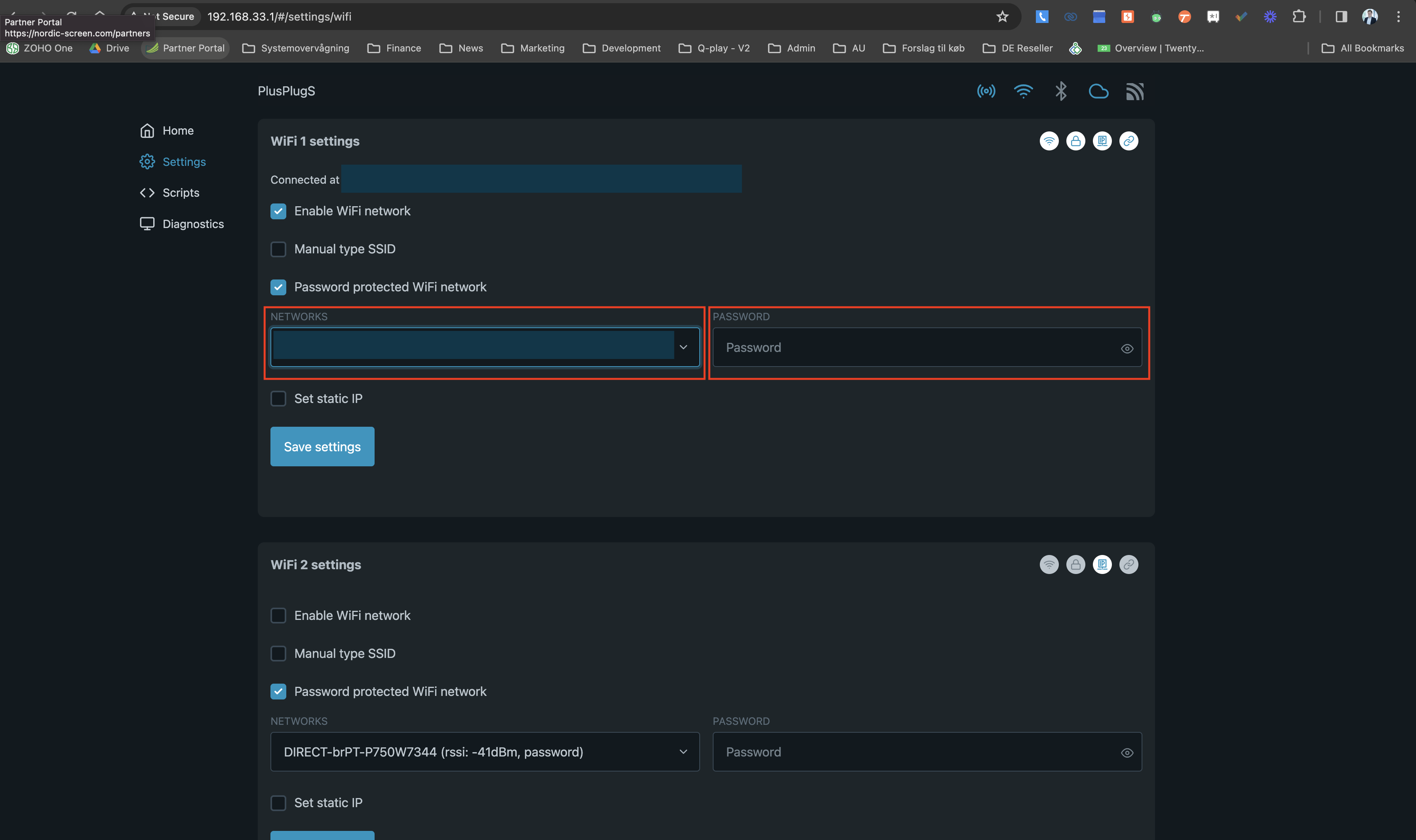 Configuration interface for PlusPlugs WiFi settings showing options for enabling the network, manual SSID entry, password protection, network selection dropdown, and password input field.