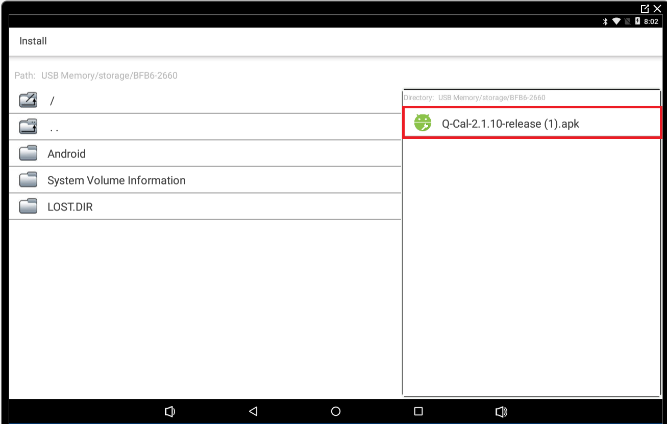 ApkInstaller app showing storage options with 'USB Memory' selected.