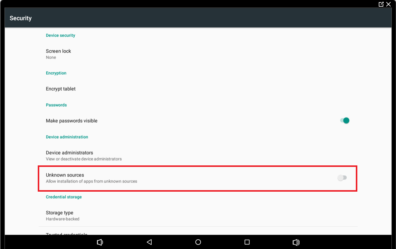 Tablet security settings showing the option to allow installation of apps from unknown sources, currently turned off.