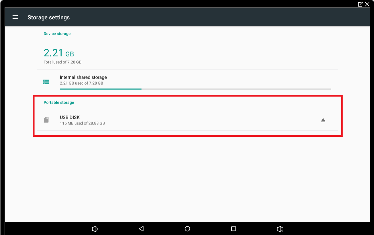 Storage settings screen showing device storage at 2.21 GB used of 7.28 GB and portable storage for a USB disk with 115 MB used of 28.88 GB.
