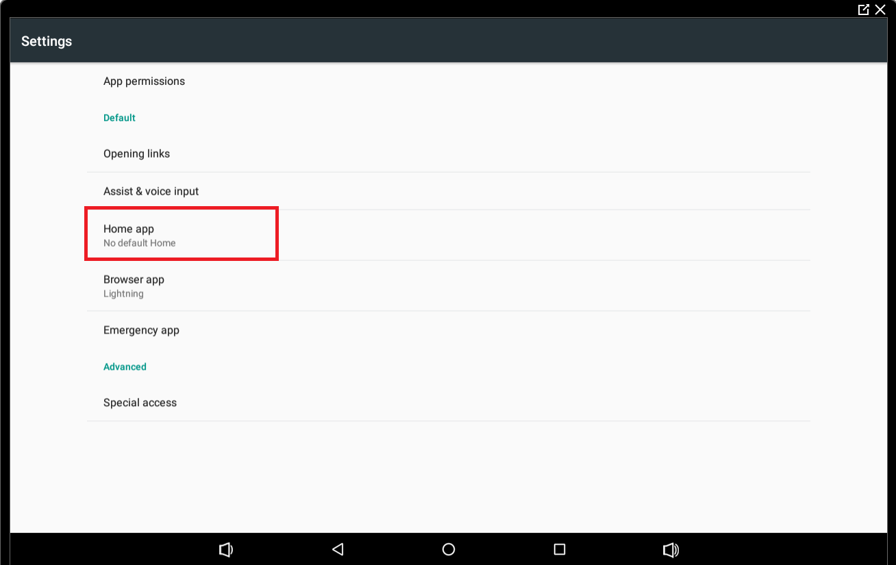 Android tablet settings screen showing 'Home app' option highlighted, currently set to 'No default Home'.