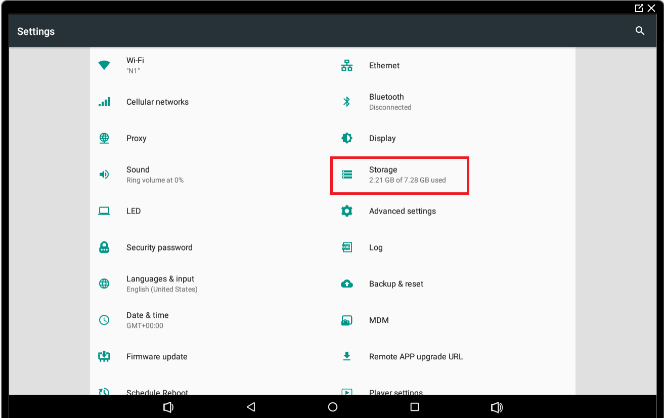 Android device settings menu showing options for Wi-Fi, Cellular networks, Proxy, Sound, LED, Security password, with Storage option highlighted.