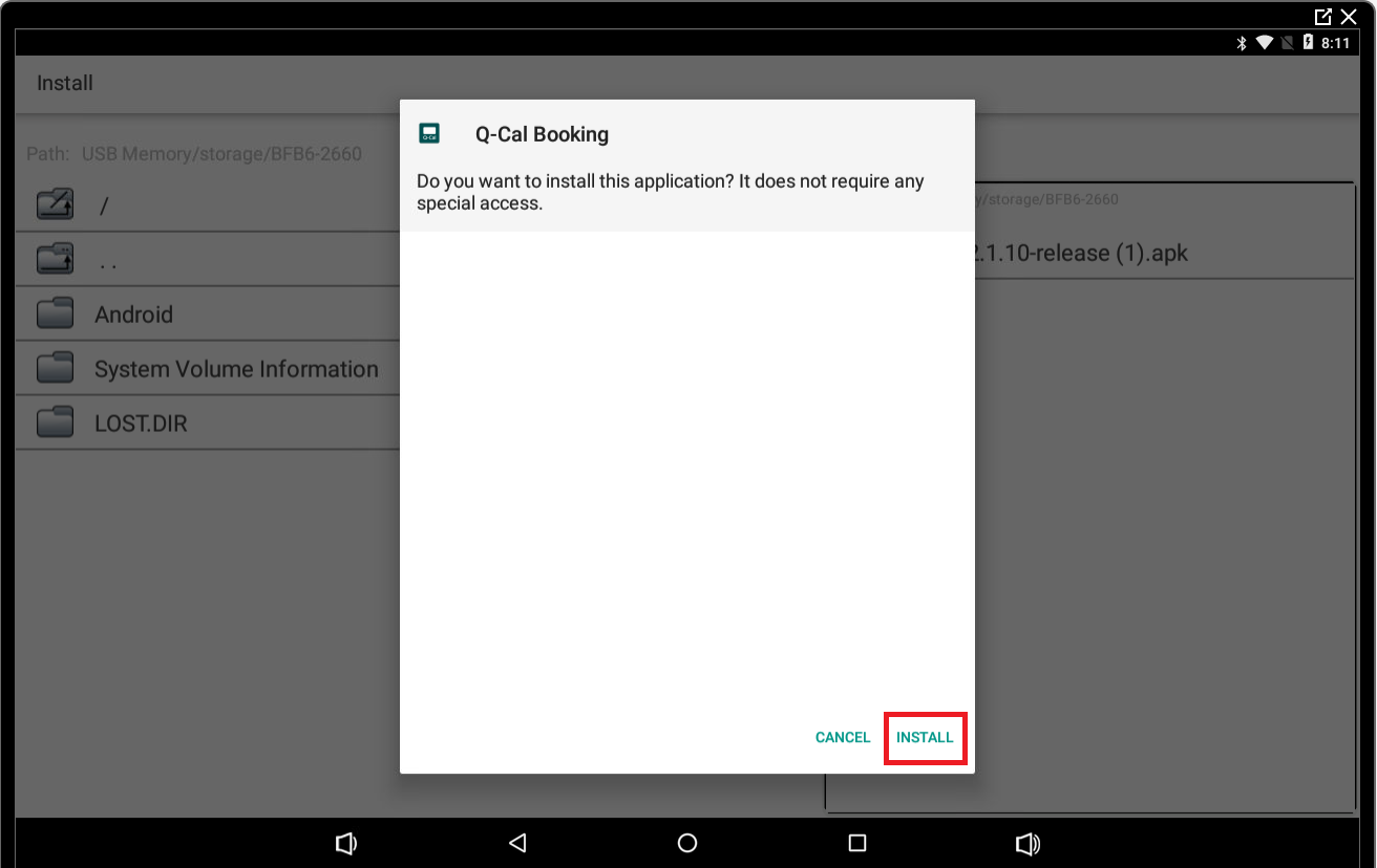 Prompt to install the 'Q-Cal Booking' application from external storage, with the 'Install' button highlighted, indicating the next step in the installation process.