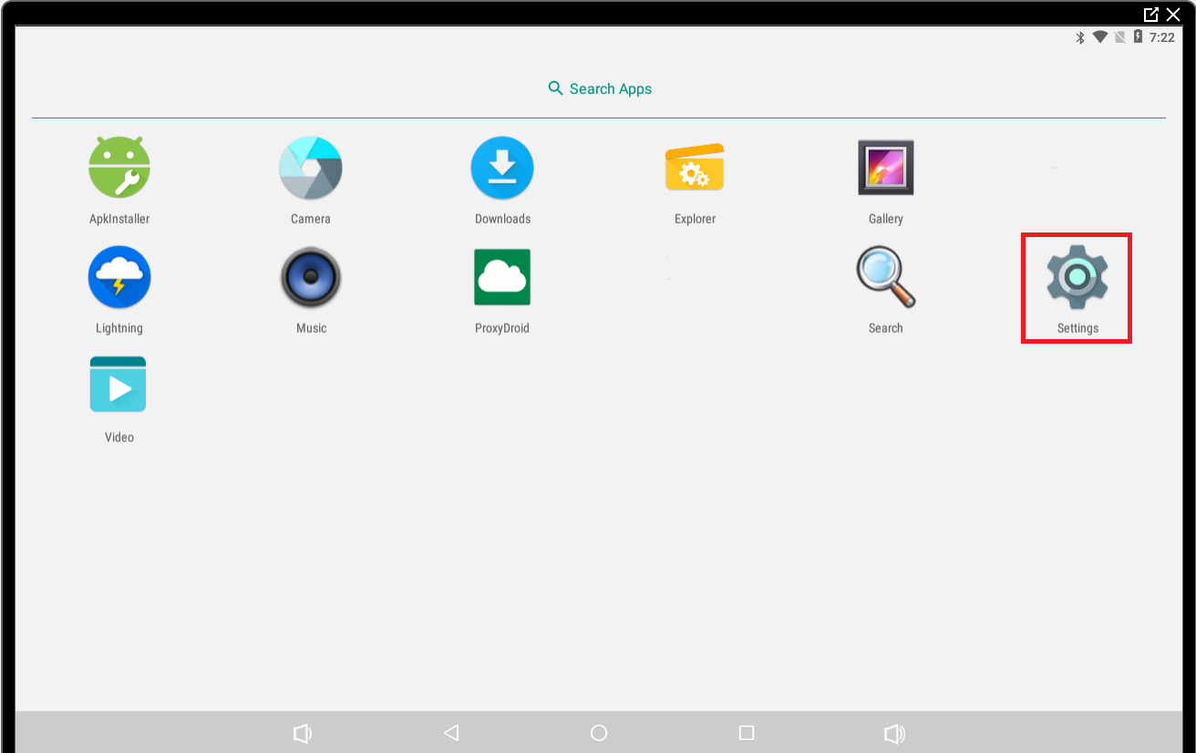 Android device app screen with icons for ApkInstaller, Camera, Downloads, Explorer, Gallery, Lighting, Music, ProxyDroid, Search, Video, and highlighted Settings gear icon.