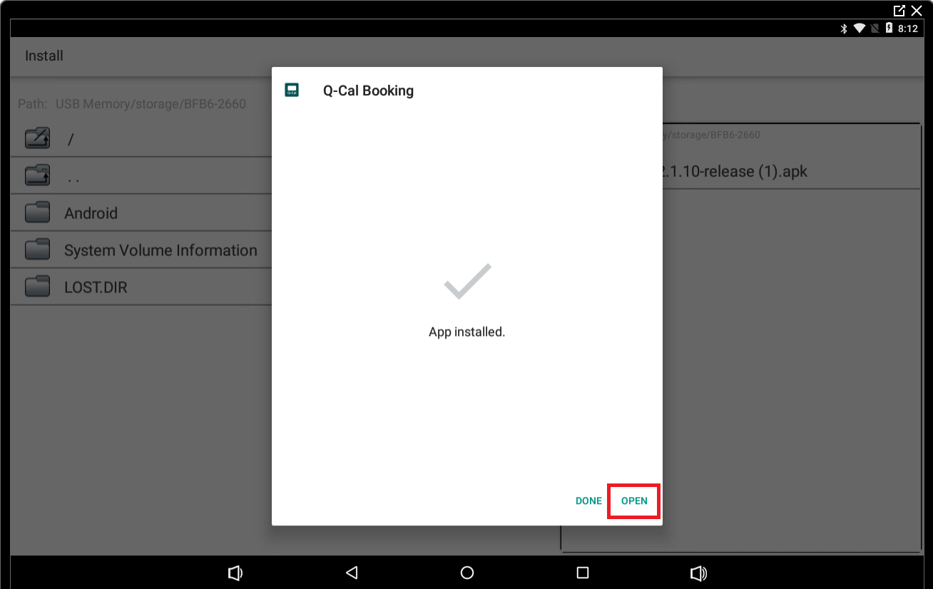 Confirmation message stating 'App installed' with options to either 'Done' or 'Open' the newly installed 'Q-Cal Booking' application.