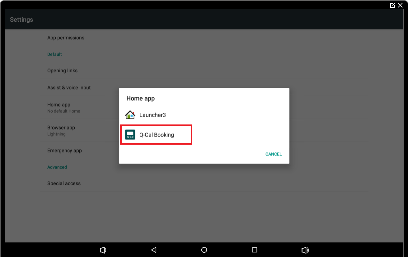 Android tablet settings pop-up for selecting a 'Home app', with the option 'Q-Cal Booking' highlighted.