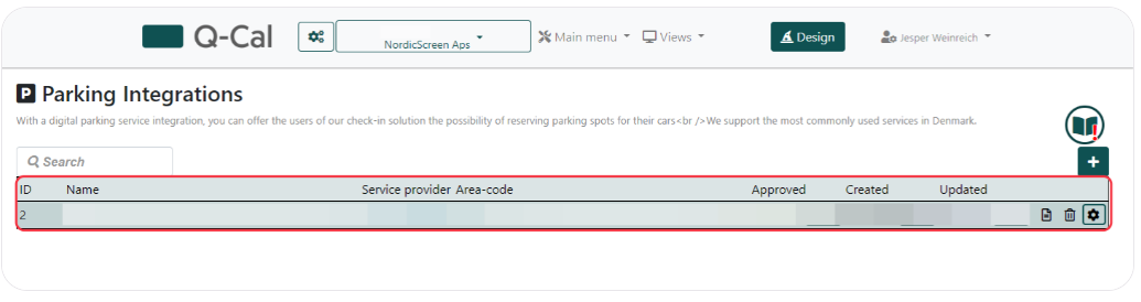 Q-Cal parking integrations management screen showing a list of parking service providers with options to add, edit, and approve integration details.