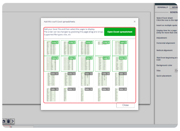 Window displaying thumbnail previews of Microsoft Excel spreadsheet slides for selection and insertion into a digital display presentation.