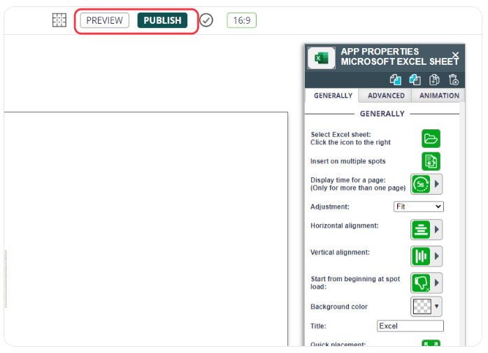 Interface for setting properties of a Microsoft Excel Sheet app within a digital signage content management system, ready to preview or publish.