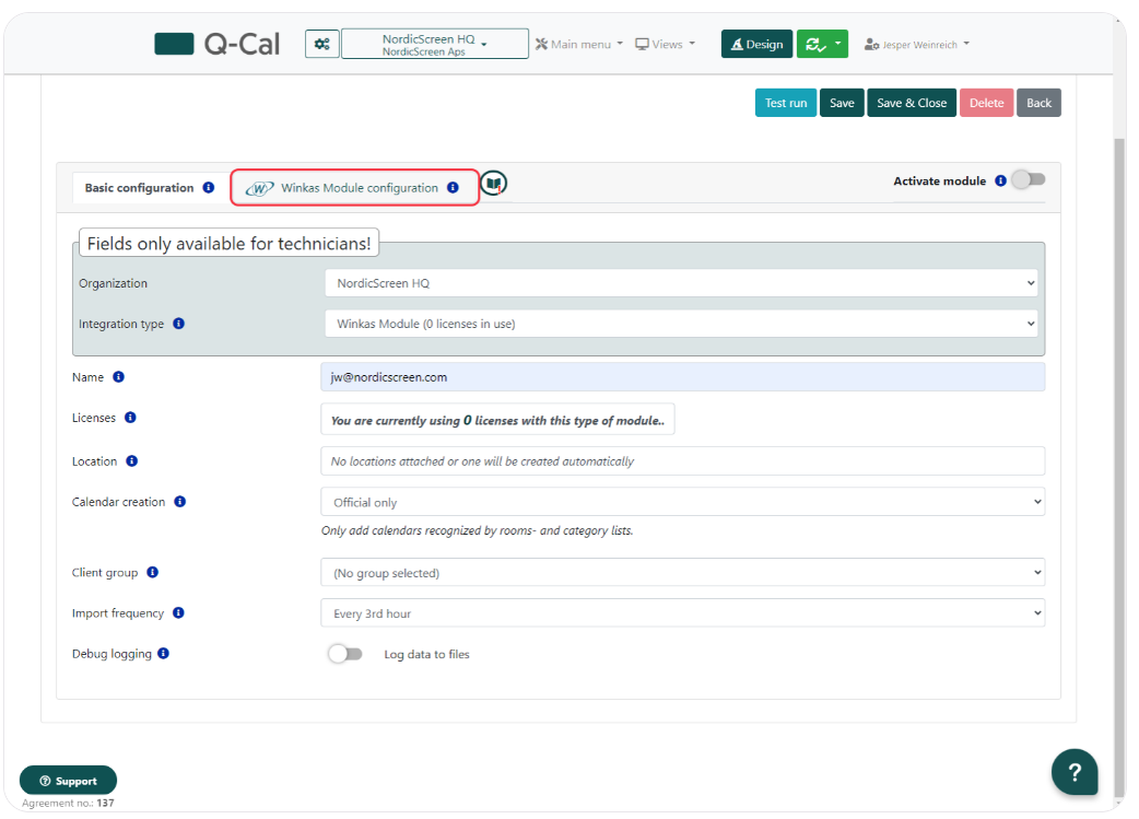 Configuration screen for WinKAS Module with fields for organization details, location, calendar creation settings, and import frequency, currently set to every 3rd hour.