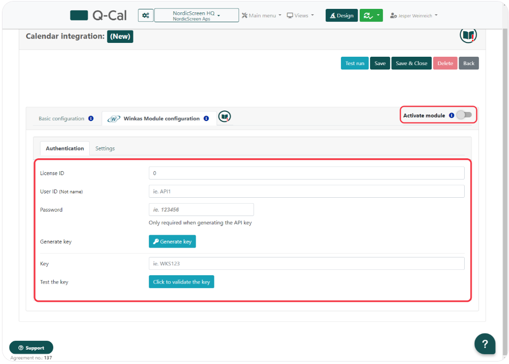 WinKAS module configuration screen for authentication, including fields for License ID, User ID, Password, options to generate and test an API key.