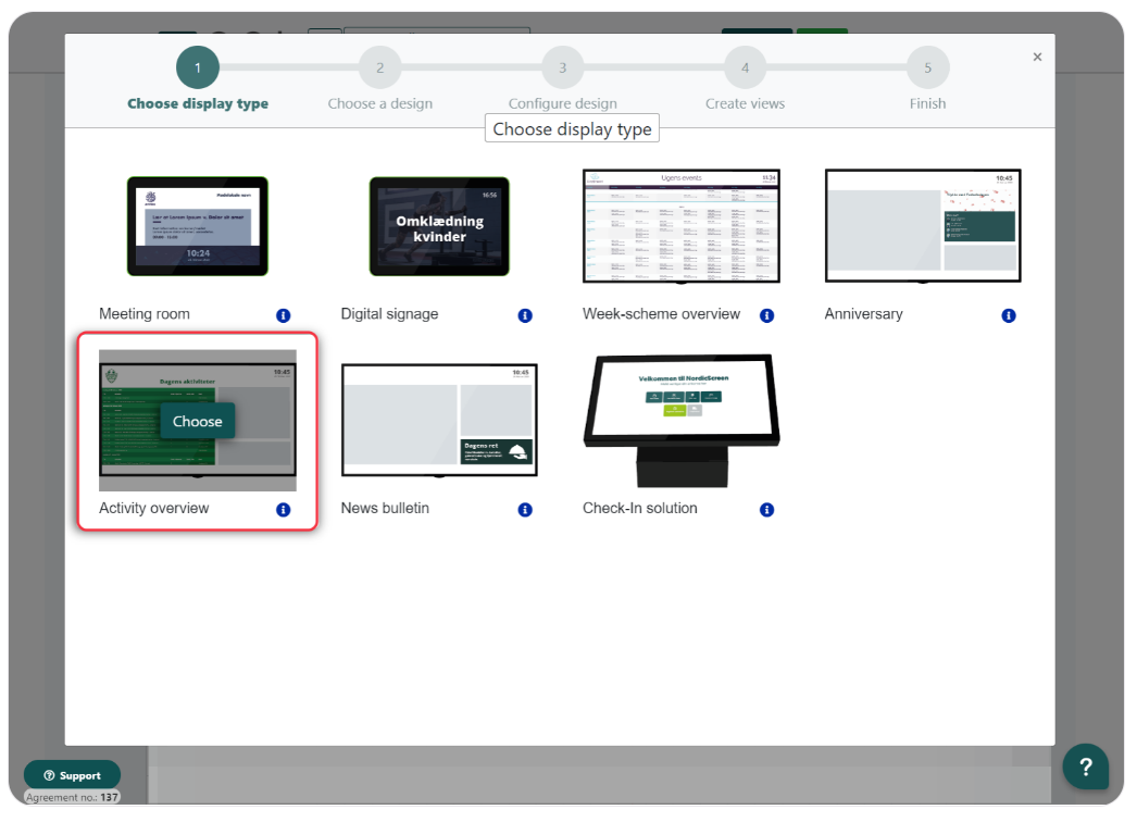 Selection screen for display types including options for meeting room, digital signage, activity overview, news bulletin, week-scheme overview, anniversary, and check-in solution.