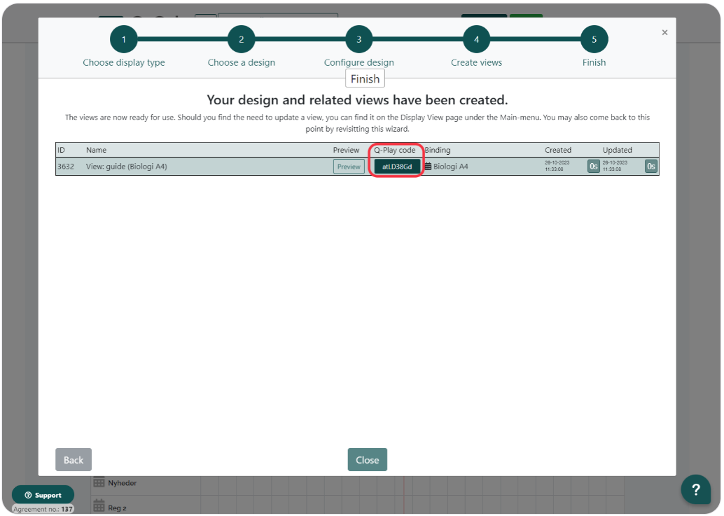 Screen design and associated views created in Q-Cal, with ID, name, preview, and creation and update timestamps.