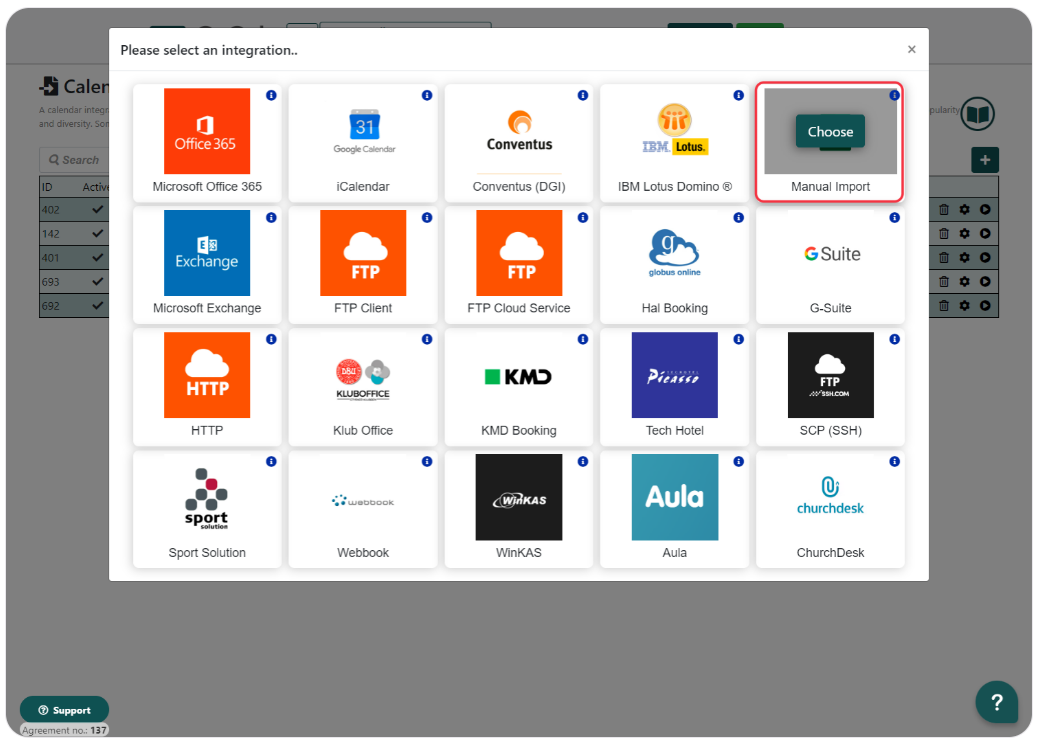 Integration selection window in Q-Cal with various service options such as Office 365, Google Calendar, Microsoft Exchange, and KMD Booking.