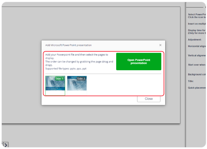 Dialog box for adding PowerPoint presentation in digital signage software, with options to open and arrange slides.