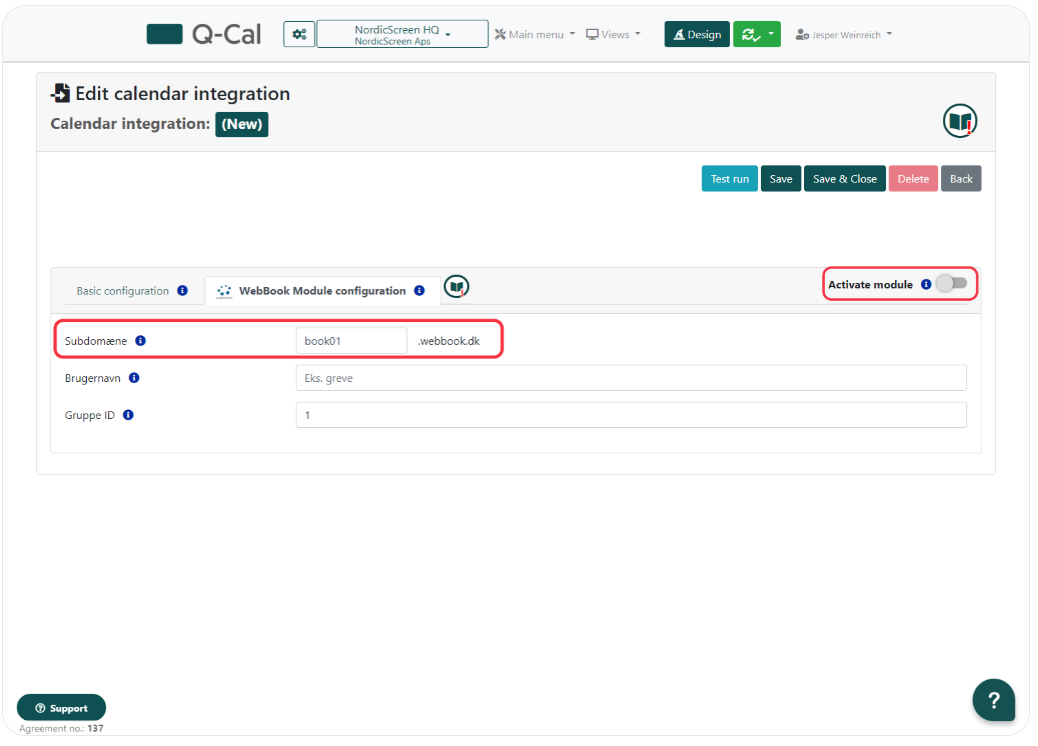 WebBook Module configuration interface showing fields for subdomain, username, and group ID, with module activation toggle set to off.