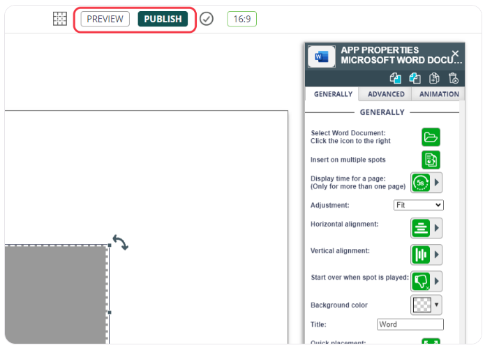 Interface showing 'Microsoft Word Document' app properties with options for document selection, display settings, and quick placement.