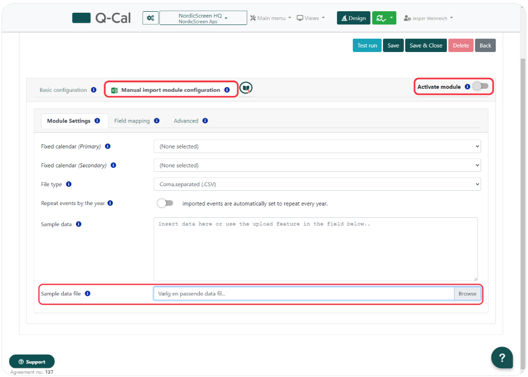 Q-Cal's Manual Import module configuration page with options for fixed calendars, file type selection, event repetition, and a field for sample data upload, with the module currently inactive.