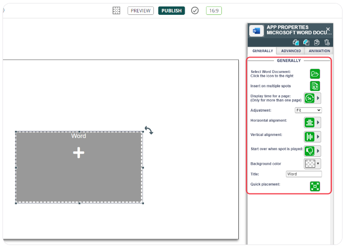 Interface for adding a Microsoft Word document to a digital display, with settings for adjustment and placement.