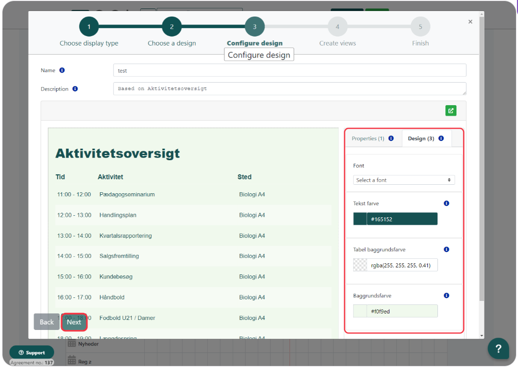 Configuration screen for a design named 'test' with options to choose fonts, text color, label background color, and overall background color for an activity overview schedule.