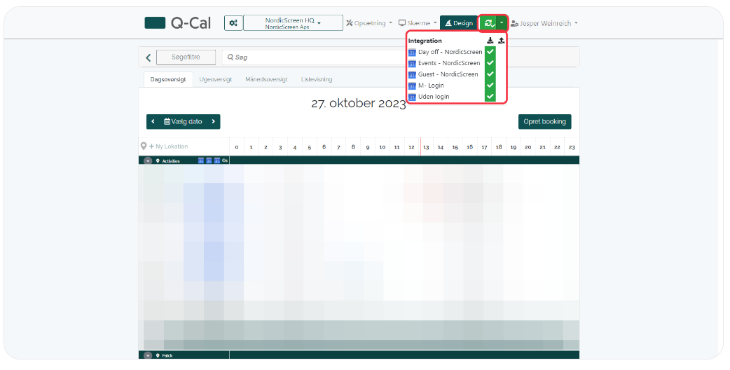 Q-Cal interface with 'Design' dropdown menu open, showing integration options including Day off, Events, Guest, M-Login, and Uden login for October 27, 2023.