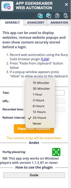 Web Automation app properties dialog showing settings for display time and refresh interval.