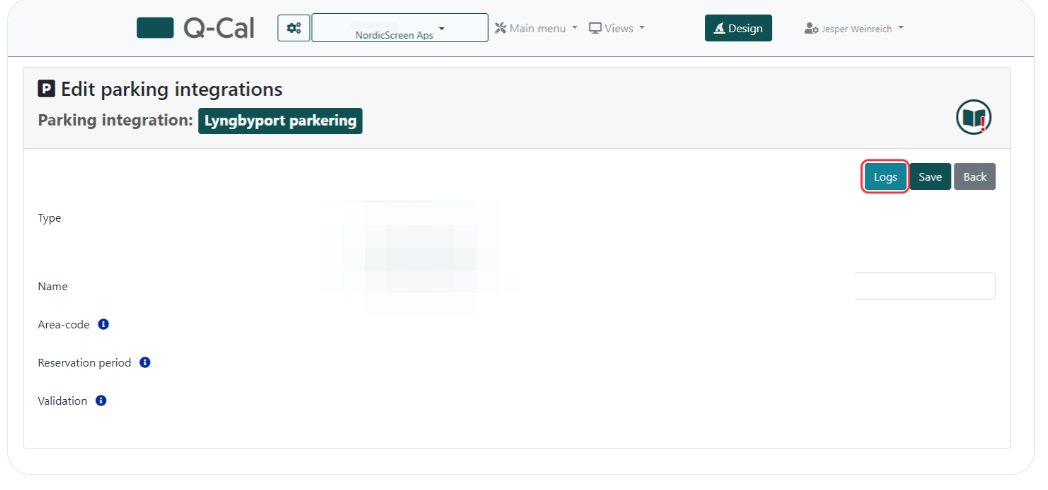 Edit Parking Integrations interface for 'Lyngbyport parking' with fields for Type, Name, Area-code, Reservation period, and Validation, including options for Logs, Save, and Back.