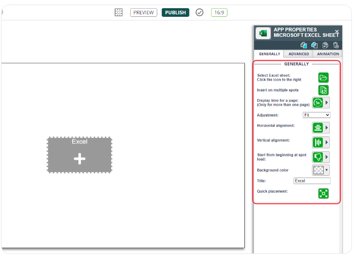 Interface for adding a Microsoft Excel app to a digital presentation with options for title, display time, and alignment adjustments.