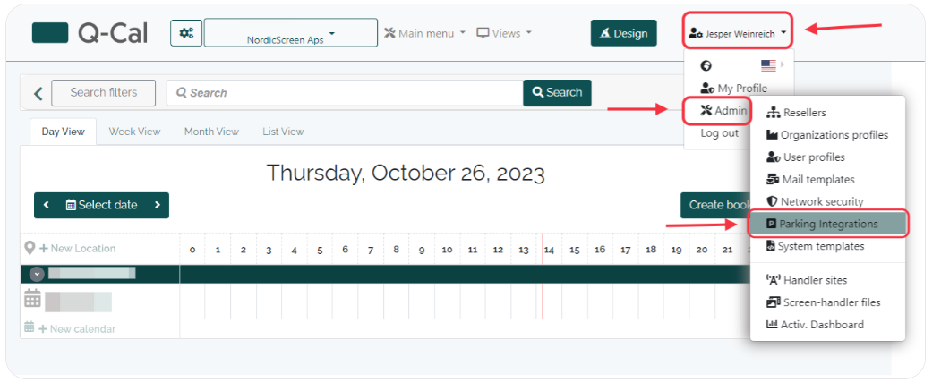 User interface of Q-Cal application with 'Parking Integrations' option highlighted in the admin dropdown menu, indicating where to manage parking settings.