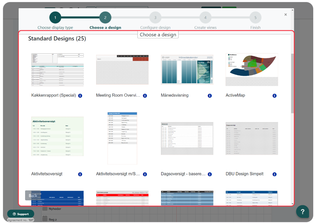 Interface displaying a selection of standard design templates for various purposes including special reports, meeting room overviews, monthly calendars, active maps, activity summaries, and daily overviews.