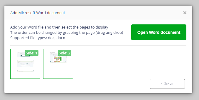 Dialog box to add Microsoft Word document with options to open the document and select pages for display.