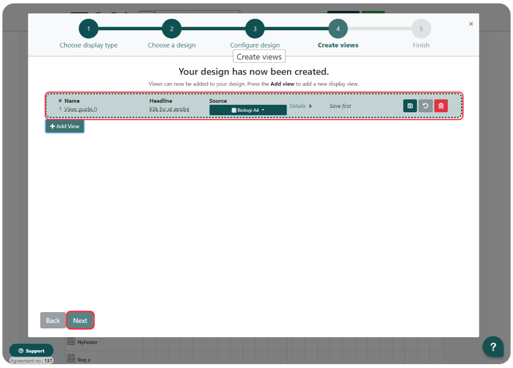 Interface showing a single view added to a newly created design with options to edit, view details, or save.