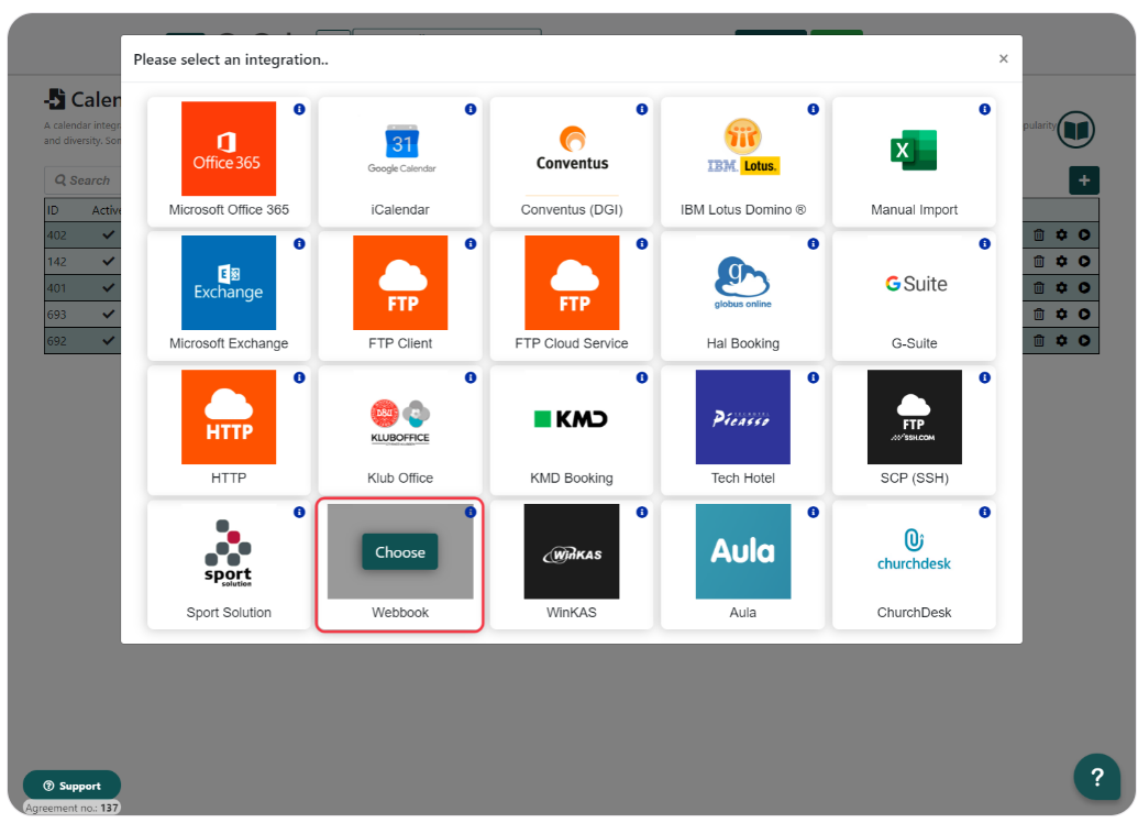 Popup window showcasing various calendar integration options such as Office 365, Google Calendar, FTP, with 'Sport Solution' currently selected.