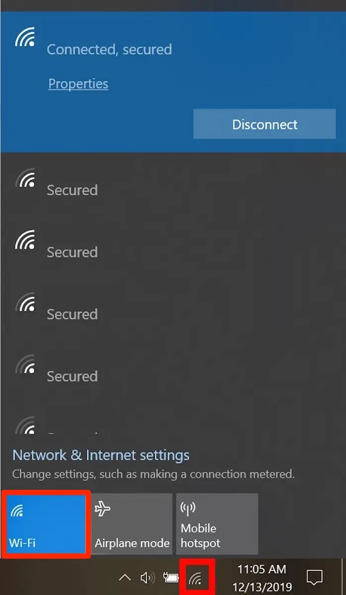 Wi-Fi menu on a Windows taskbar showing connection status and network settings options.