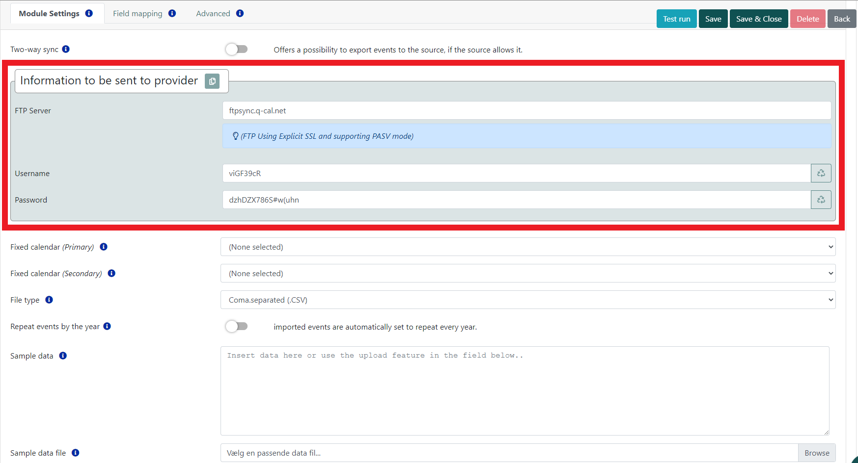 Module settings in Q-Cal showing fields for FTP server information, username, password, and other data export options.