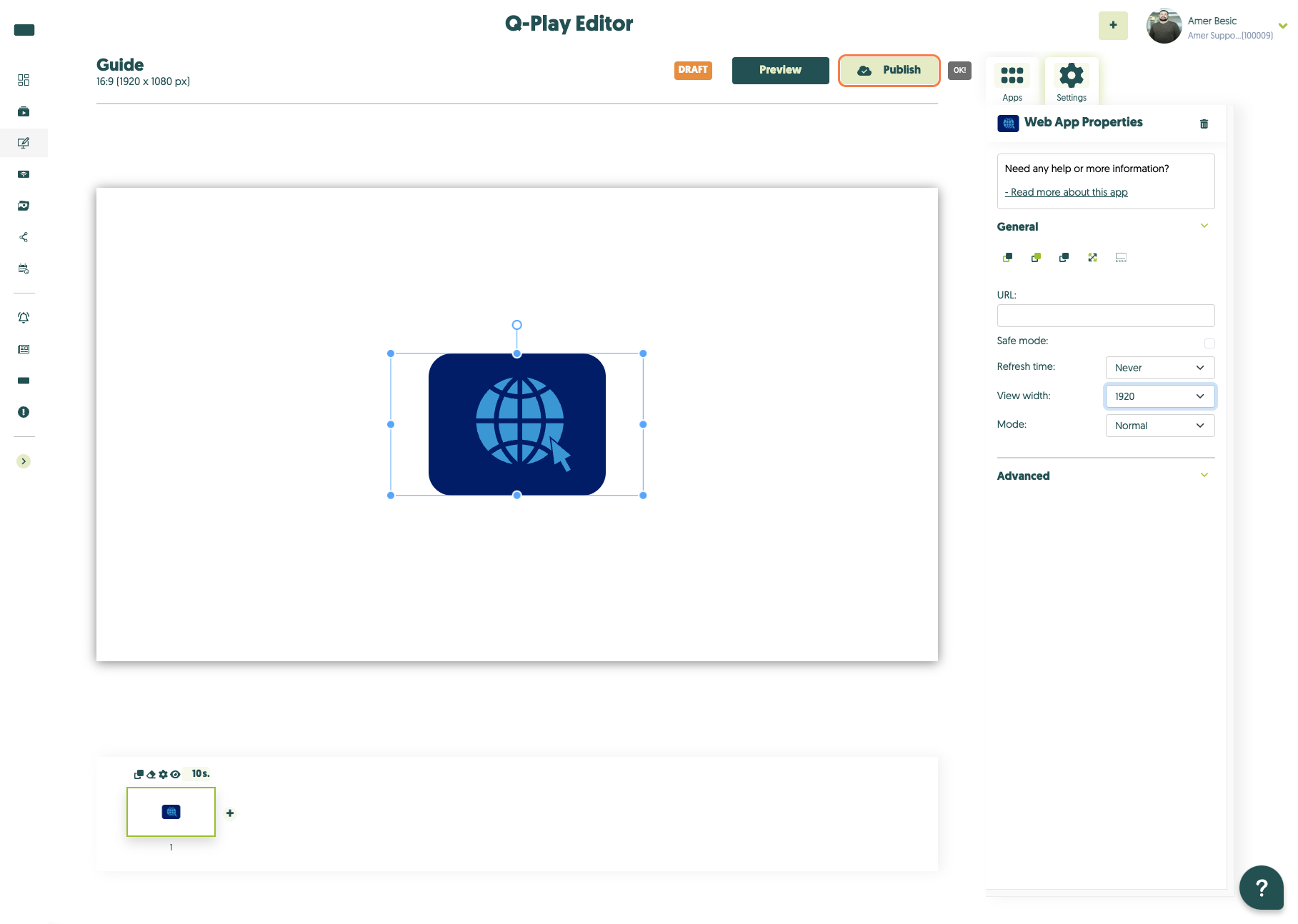 Billedet viser Q-Play Editor, hvor en webapplikation er valgt, og hvor brugeren har mulighed for at justere visningsbredden til 1920 pixel under Web App Properties.