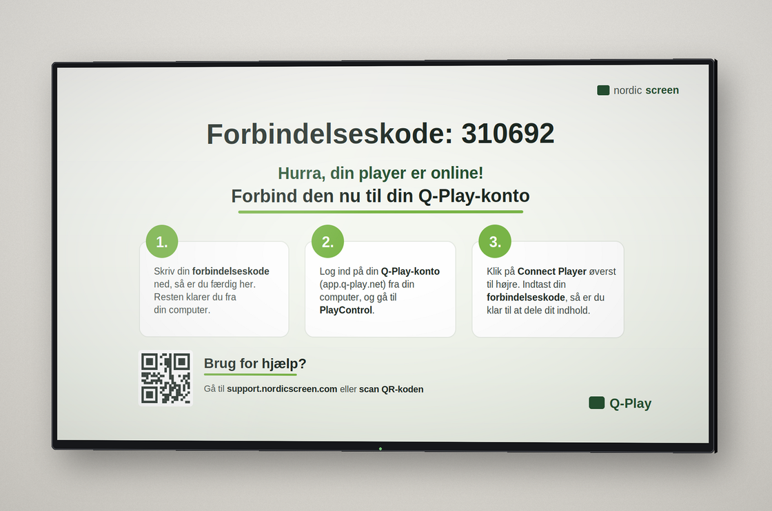 Q-Play forbindelseskode på en Sony-skærm med den 6-cifrede kode der bruges til at forbinde Playeren til en konto