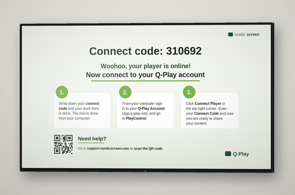 Q-Play connect code screen on a Sony display showing the 6 digit code used to link the Player to an account