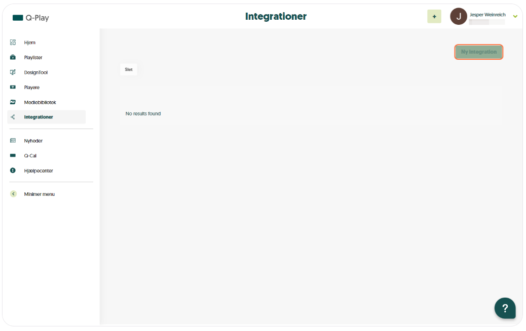 Q-Play integrationsside uden resultater vist, mulighed for at tilføje ny integration øverst til højre.