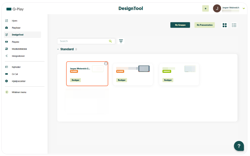 Q-Play DesignTool interface med brugergrænseflade, inkluderer 'Standard' layoutgruppe og 'Jesper Weinreich' layout valgmulighed.