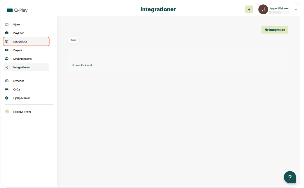 Tom side for integrationer i Q-Play med menuen til venstre og en knap til at tilføje ny integration.