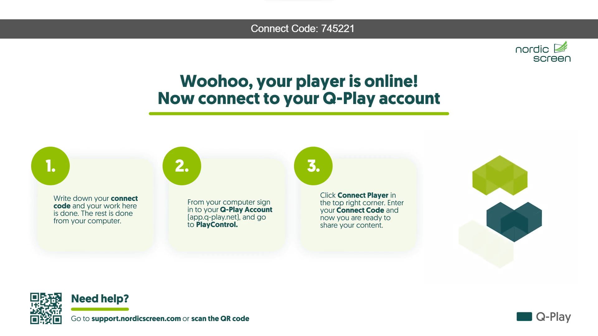 Instruction screen for Q-Play connection with a Connect Code, steps for linking to a Q-Play account, and a QR code for additional help