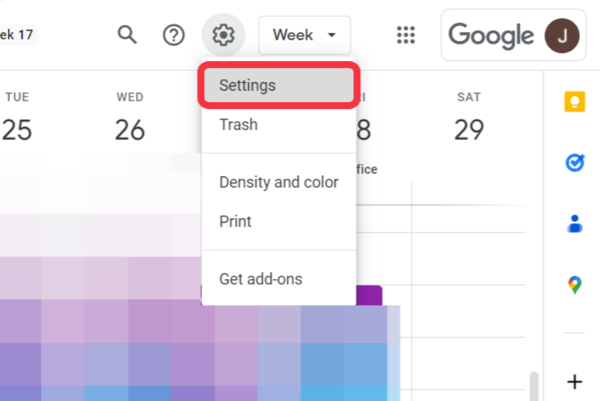 Dropdown menu on a Google Calendar interface with 'Settings' option highlighted.