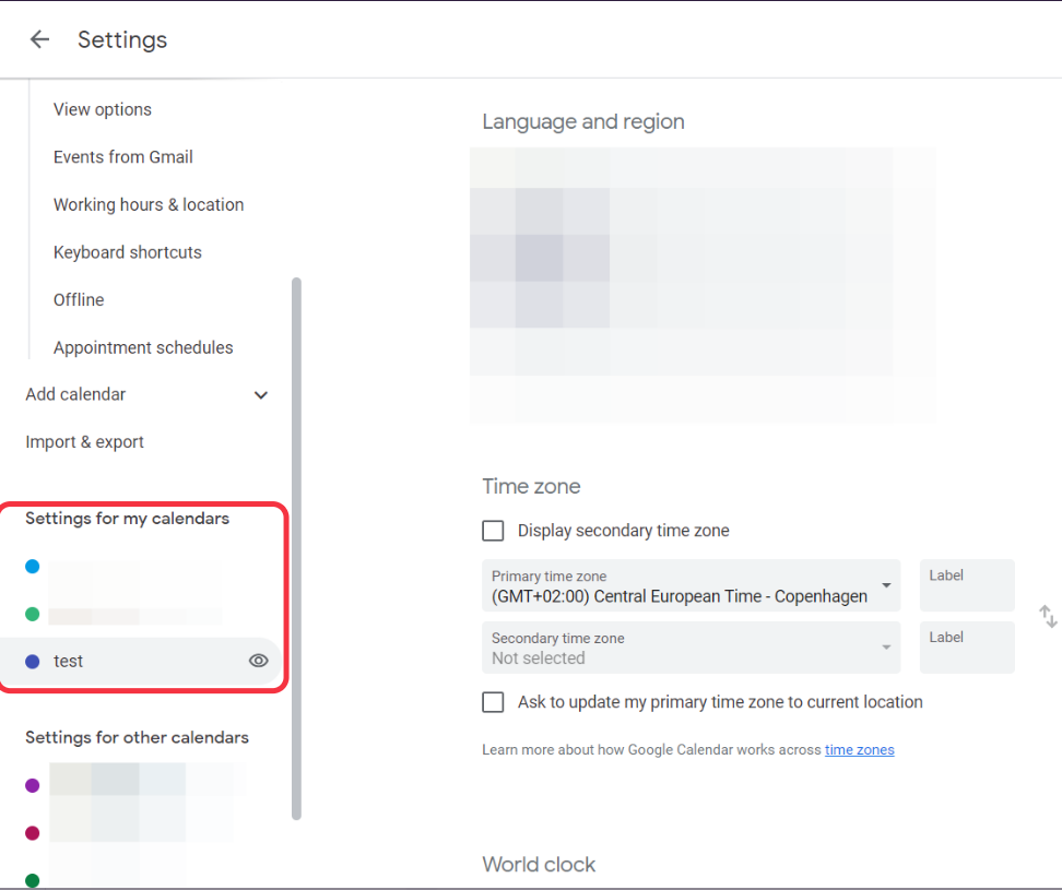 Google Calendar settings pane showing options for 'Settings for my calendars' with a specific calendar named 'test' highlighted.