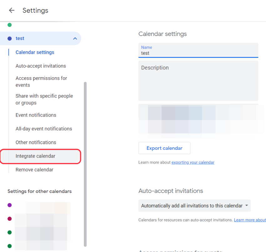 Google Calendar individual settings for 'test' calendar with 'Integrate calendar' option highlighted.