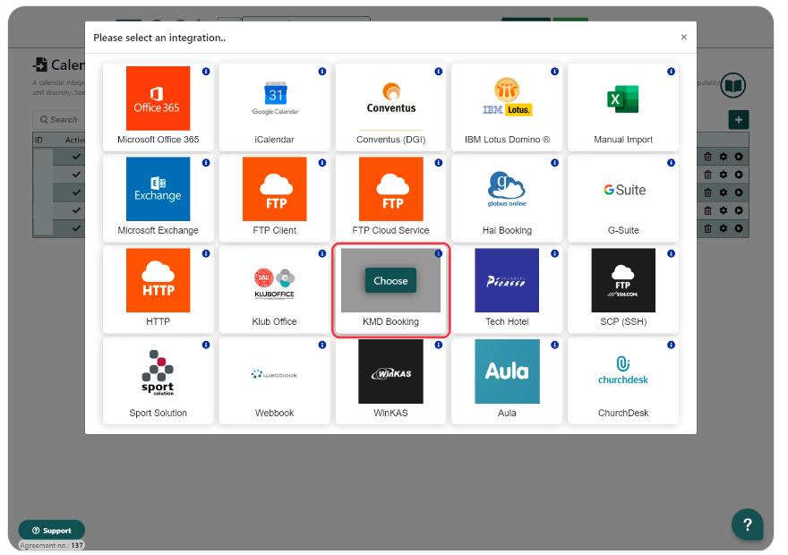 Integration selection window in Q-Cal with various service options such as Office 365, Google Calendar, Microsoft Exchange, and KMD Booking.