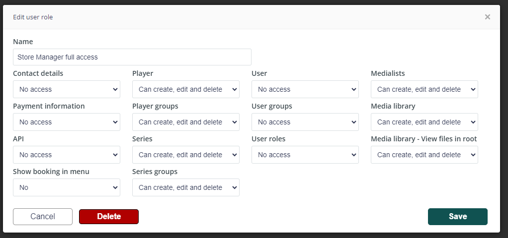 User role configuration panel on Q-Play showing editable permissions for a Store Manager, including access levels for contact details, player, payment information, API, booking, medialists, and media library.