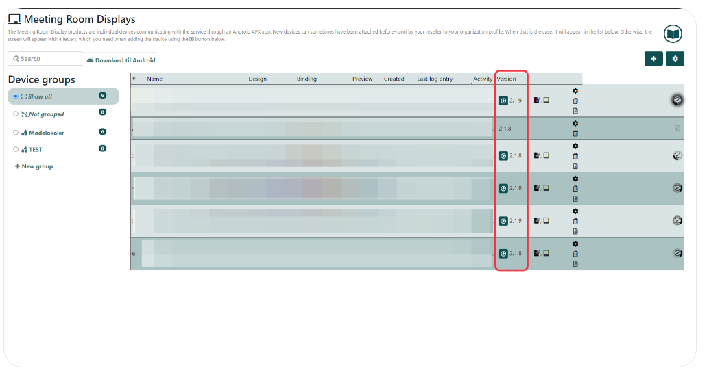 Meeting Room Displays management interface with a list of devices, showing different software versions and their status