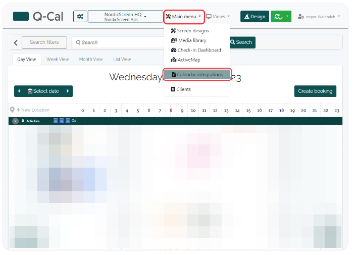 Screenshot of Q-Cal booking system interface showing calendar views, main menu, and options for 'Calendar integrations' and 'Clients'.