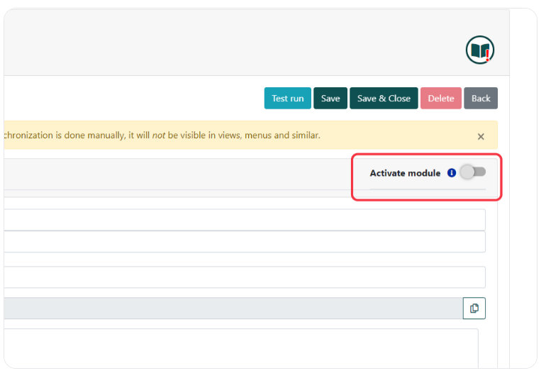 Toggle switch for 'Activate module' within the Q-Cal calendar integration configuration screen.